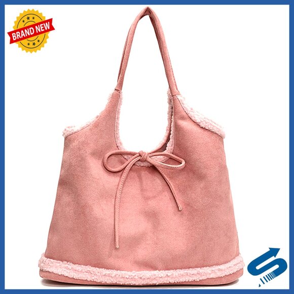 Handbags - Large Slouchy Hobo Tote Bag with Sherpa Trim, Faux Suede Shoulder Purse